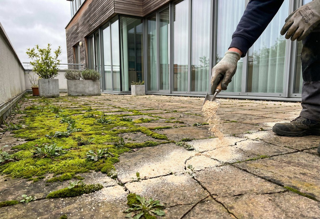 Terras Overwoekerd Door Mos Geen Kokend Water Nodi